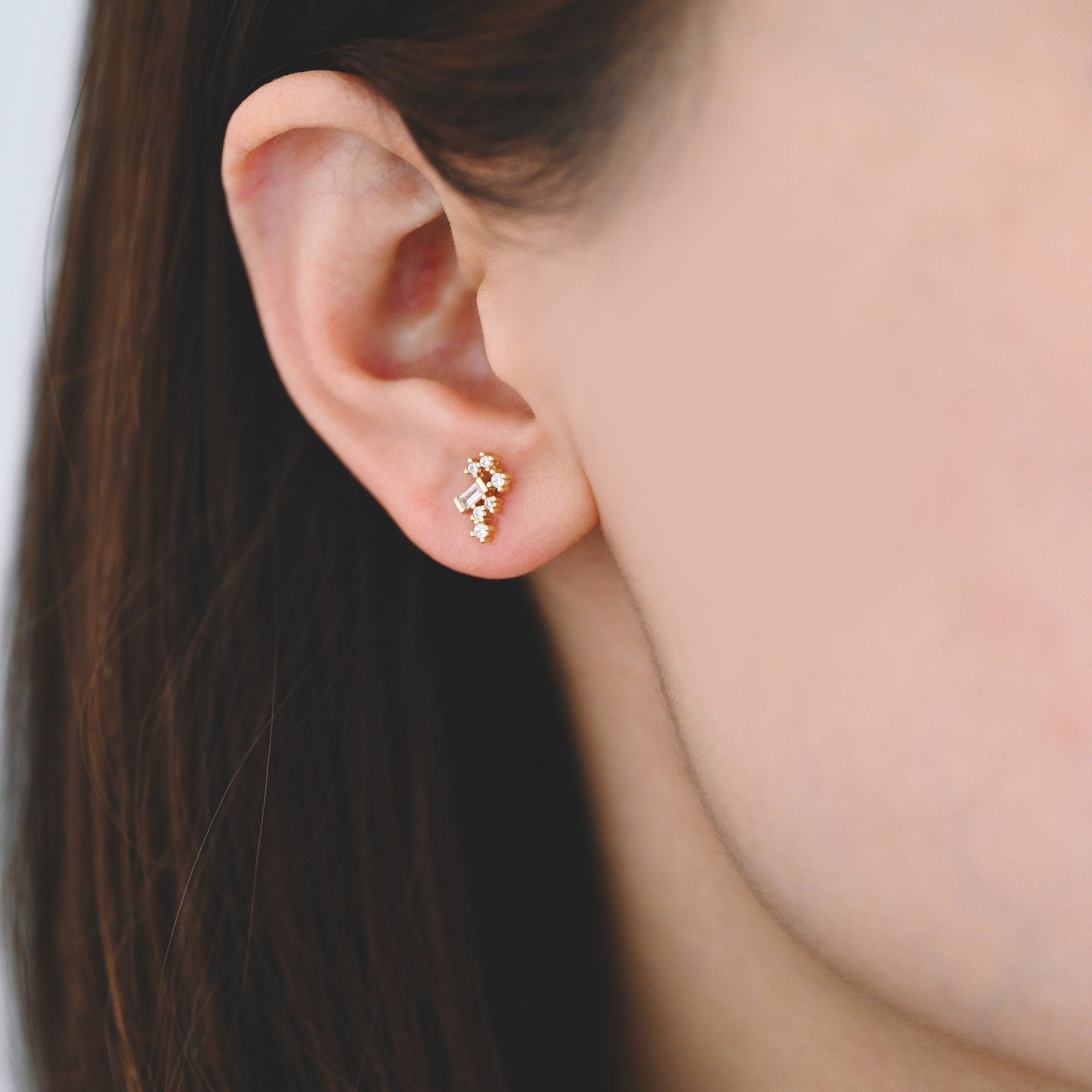 10pcs Gold/ Silver Tone CZ Cluster Geometric Stud Earrings, 18K Gold/ Rhodium Plated Brass, Cubic Zirconia Earrings (#GB-4335-A)